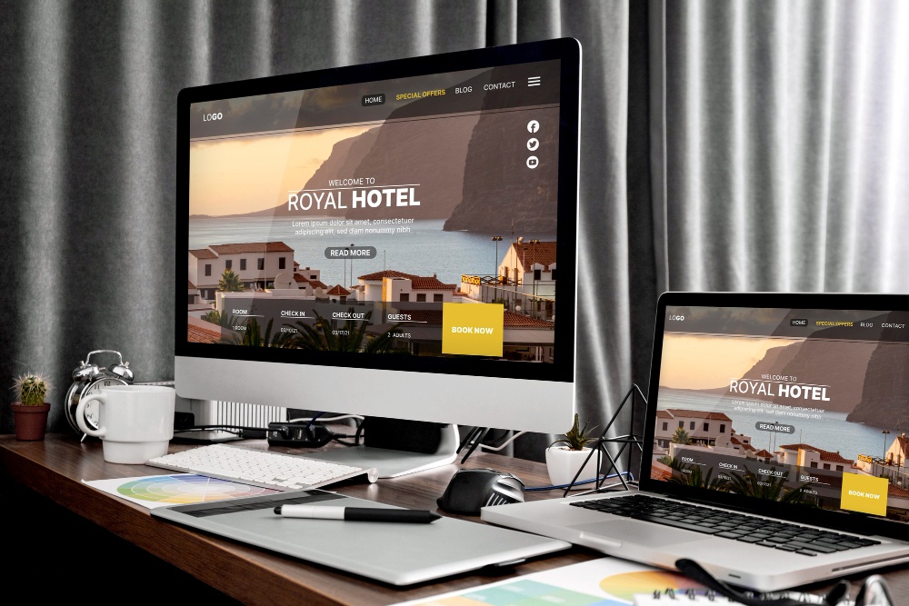 Masaüstü ve dizüstü ekranlarında gösterilen modern, duyarlı (responsive) bir web tasarımı örneği