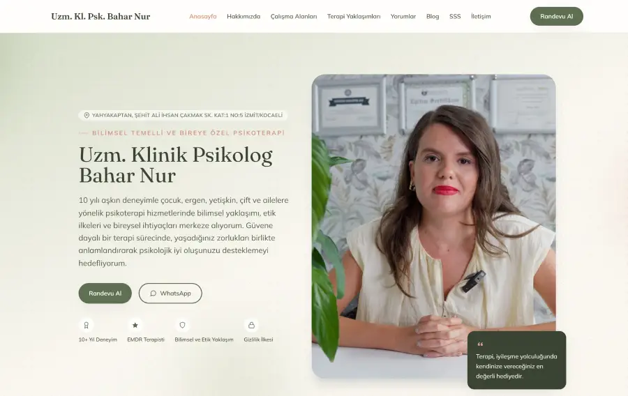 Uzm. Kl. Psk. Bahar Nur web sitesi ekran görüntüsü