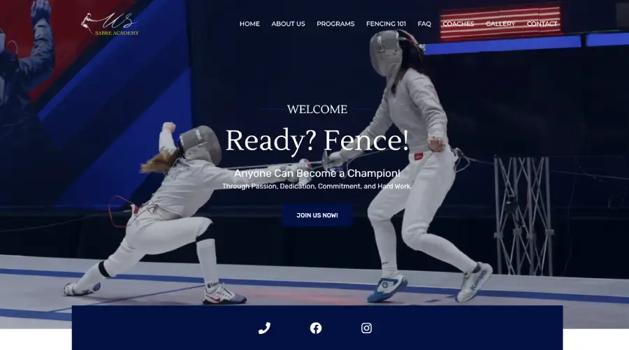 US Sabre Academy web sitesi ekran görüntüsü
